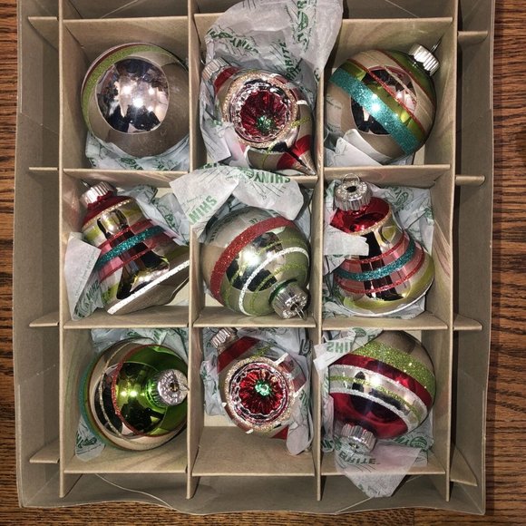 New Christopher Radko Shiny Brite 9 Glass Flocked Christmas Ornaments - 2023 - Picture 2 of 3